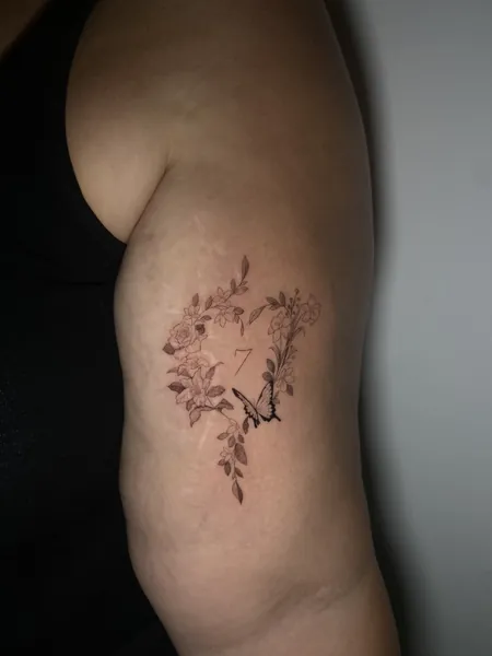 Floral heart with butterfly — tattoo by Lewis Zangaro, The SelfMade Tattoo Company, Wolverhampton